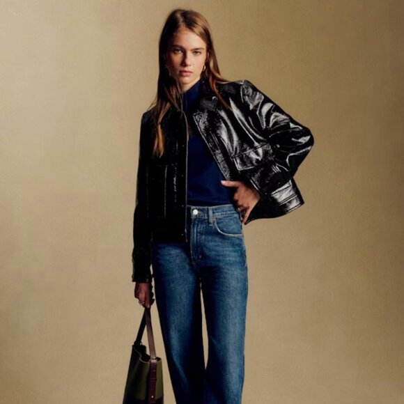 Sezane Jackets & Blazers - NEW NWT Sézane Terry Jacket Black Vinyl Cropped Moto Jacket Size 4